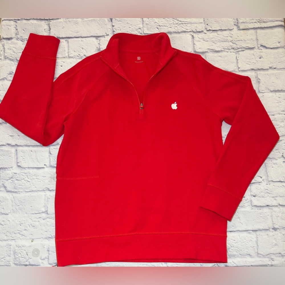 Apple Employee Quarter-Zip pullover. Red with white Apple logo, unisex.